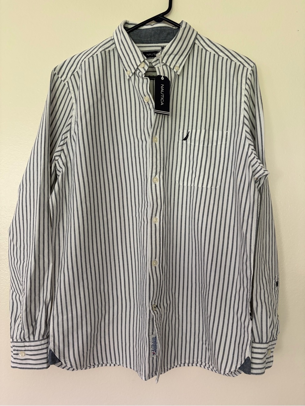 Nautica Men’s White Shirt with Navy Vertical Stripes